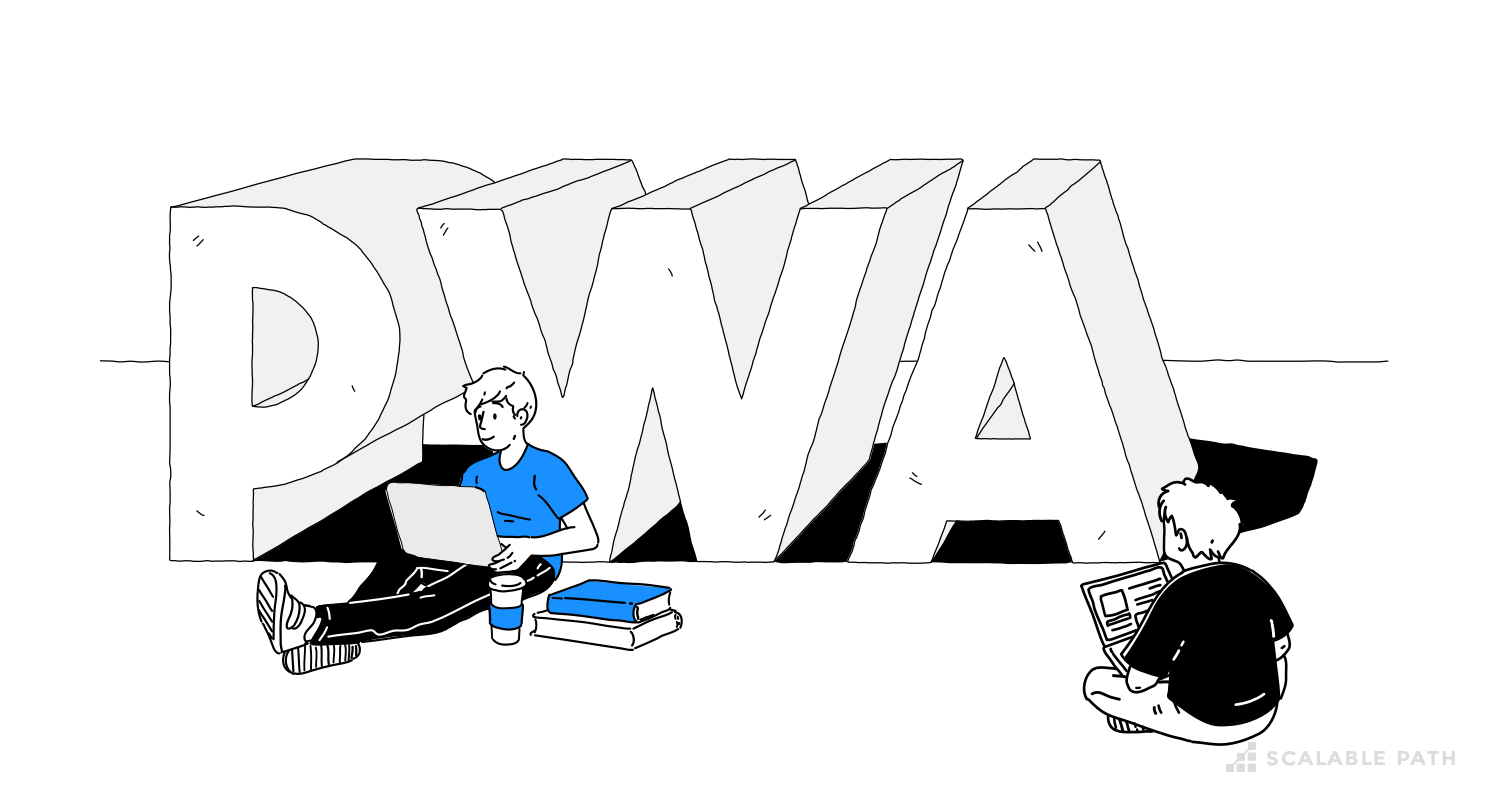 Two developers next to giant PWA letters