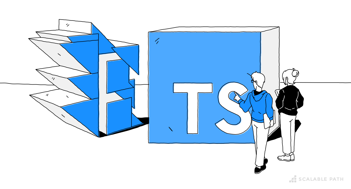 Two developers in front of giant Flow and Typescript logos