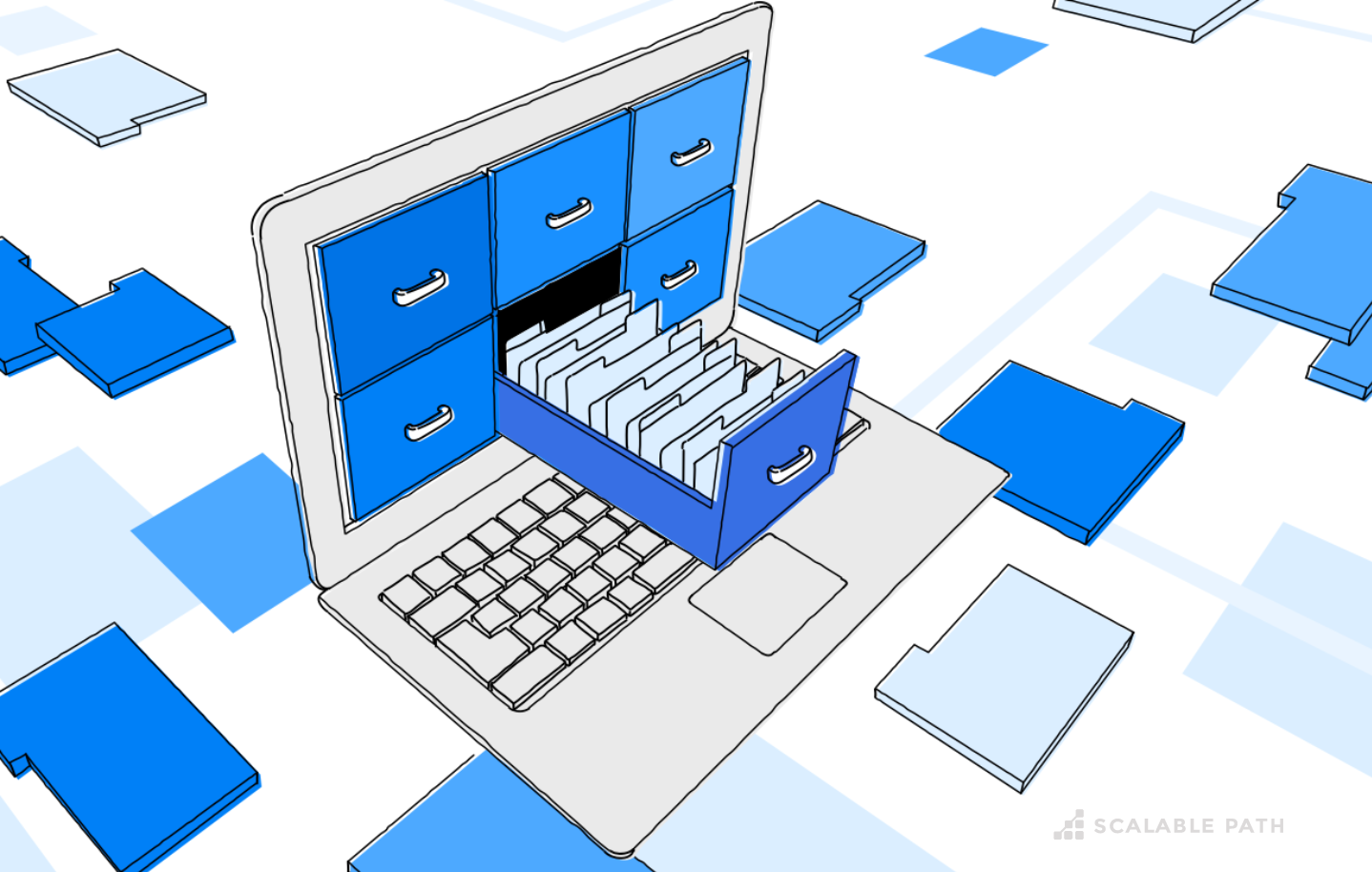A laptop with a file cabinet on the screen with documentation on it.