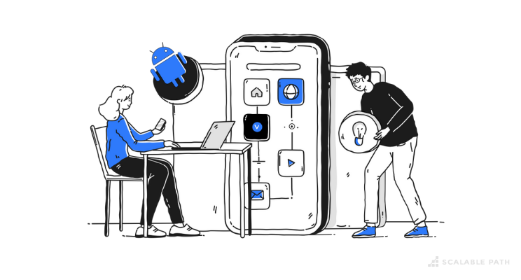 Two developers adding components to an Android app in a giant mobile phone