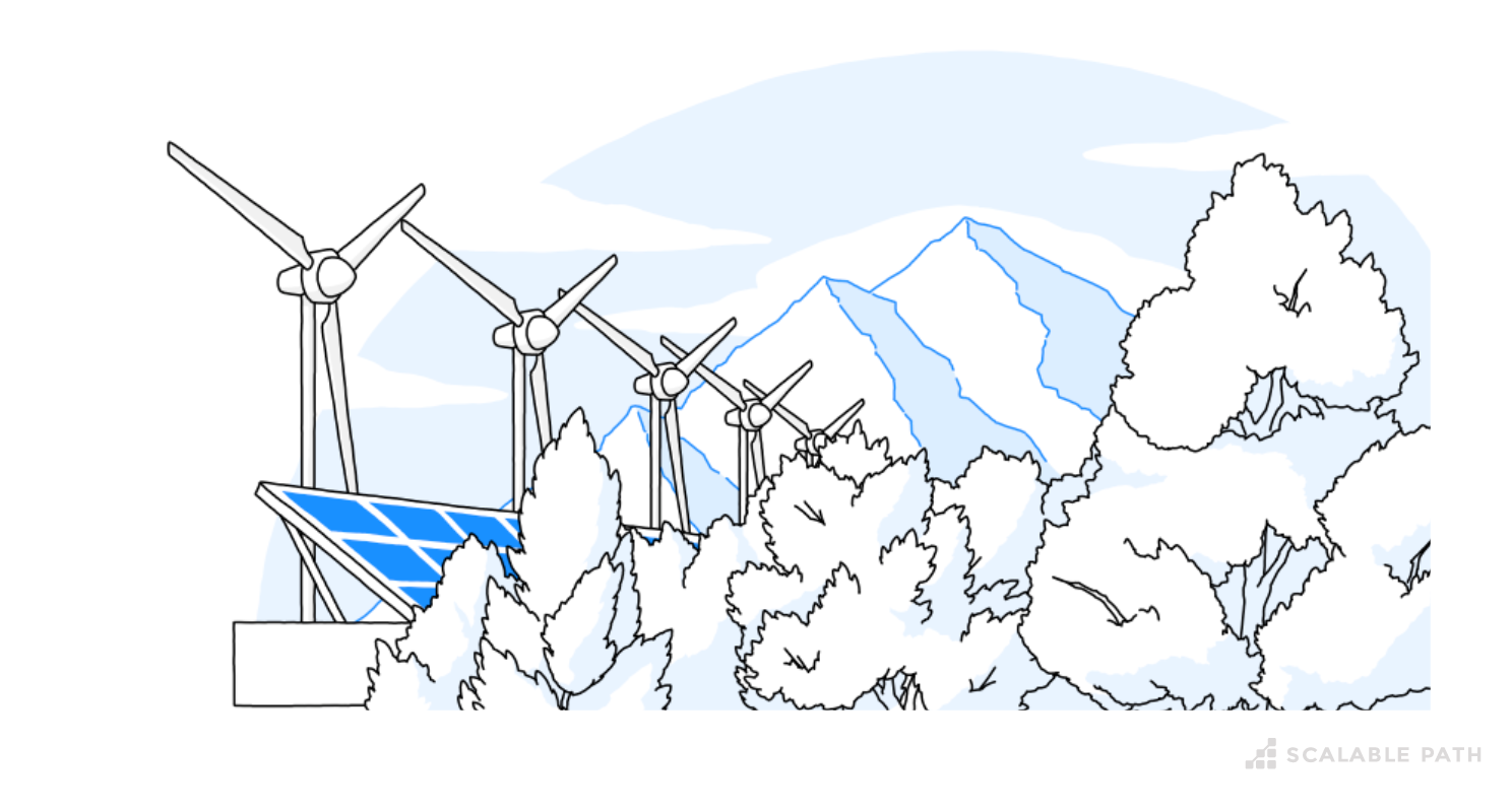 Trees, windmills, and solar panels depicting a green environment
