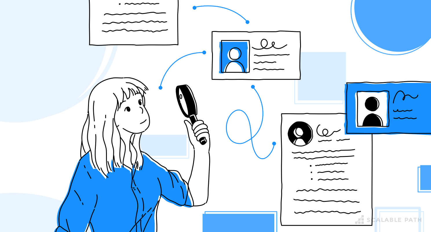 A woman with a magnifying glass looking at software developers profiles