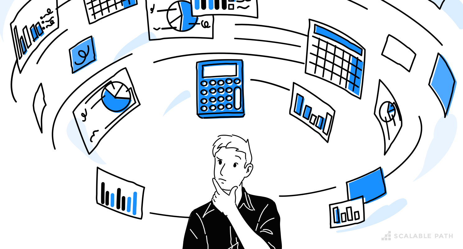A man rounded by graphs, analysis related to a project estimation