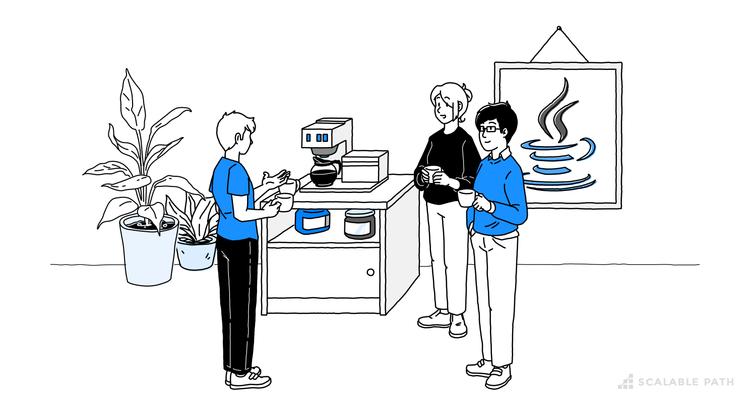 Three developers talking in front of a coffee machine with a Java logo in a frame behind