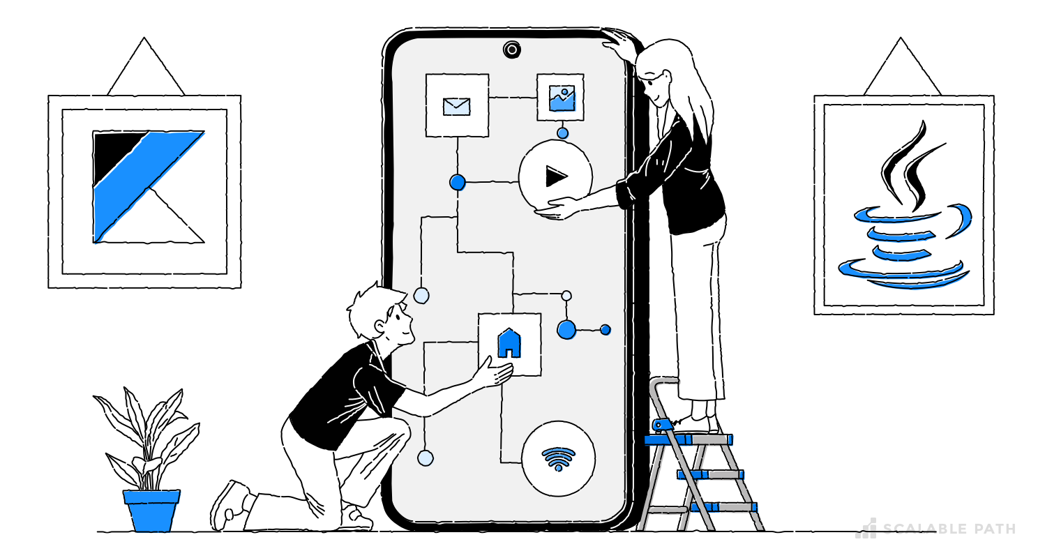 Man and woman in front of a mobile phone, between two frames with Kotlin and Java logo