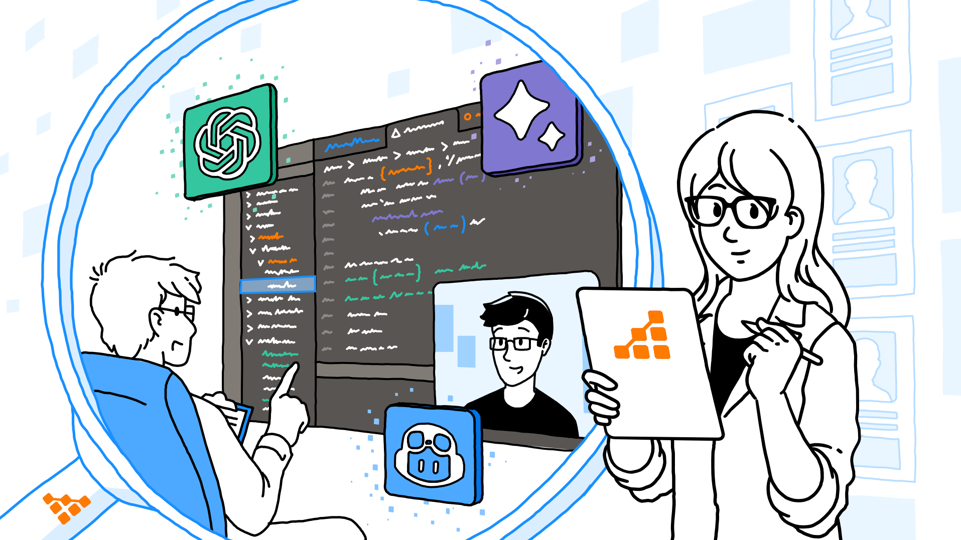 A developer performing a technical interview using AI tools and being analyzed by an interviewer with a magnifying glass.