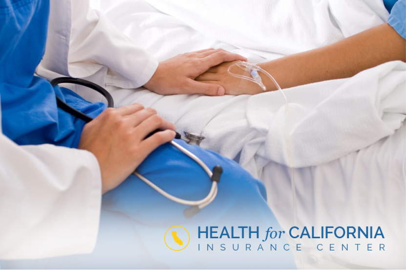 health care provider holding a patient's hand with Health for California logo