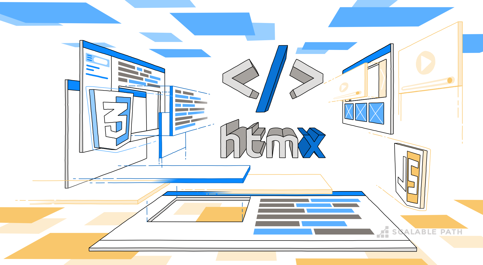 HTMX icon with JavaScript logo, computer screen and browser windows around it