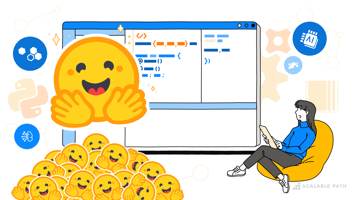 A developer sitting next to the Hugging Face logo