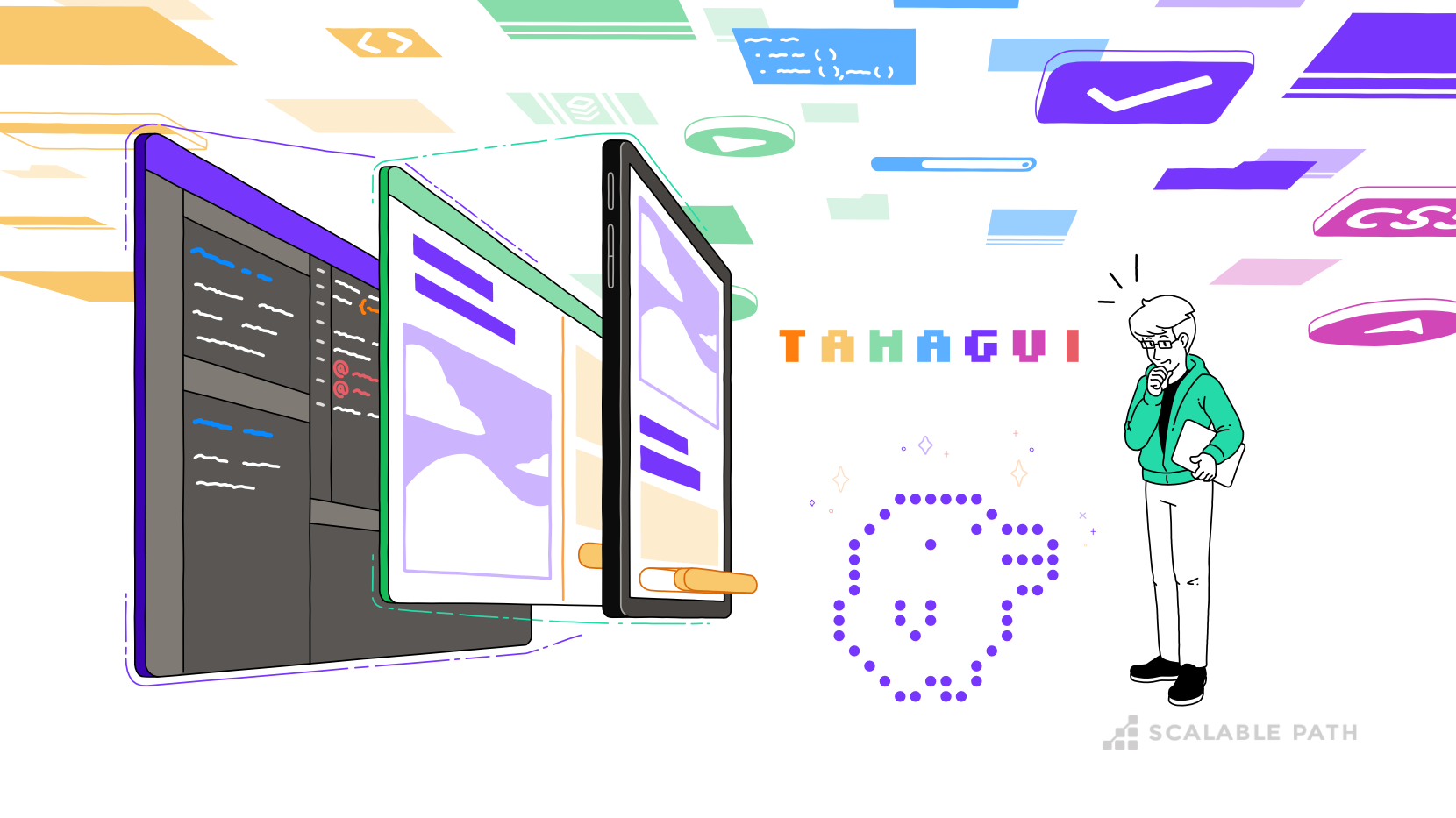 A developer next to the Tamagui logo