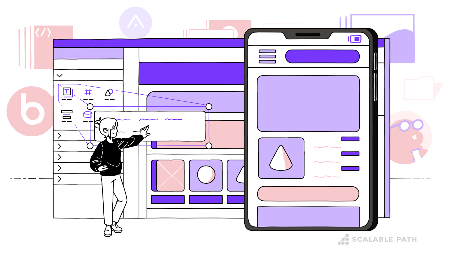 A developer next to a low-code/no-code development platform