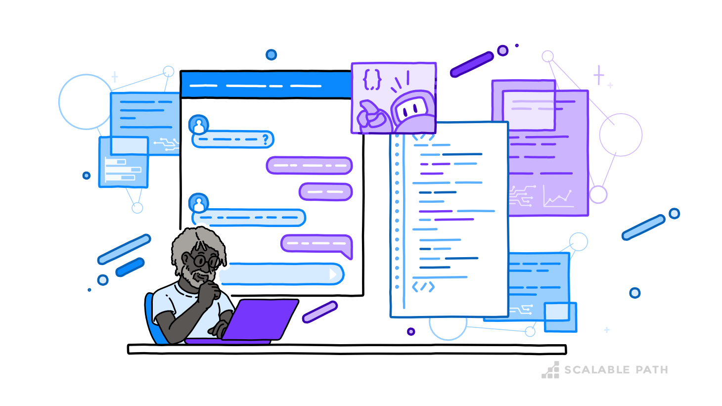a developer sitting at a desk with a laptop, surrounded by various interface elements like chat bubbles, coding scripts, and analytics visuals, symbolizing collaborative coding and AI dev agents