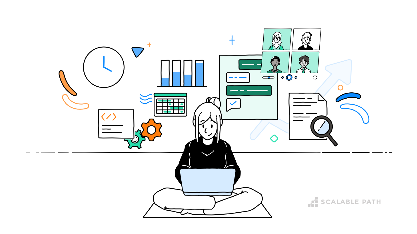 A developer sits on the floor, surrounded by various productivity tools and workspace elements.