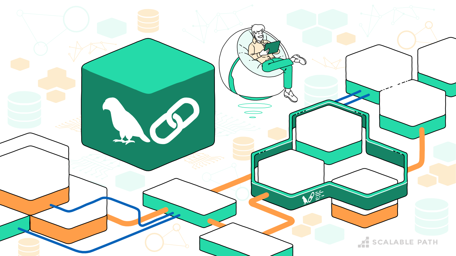 A developer next to the Langchain logo in a futuristic chair