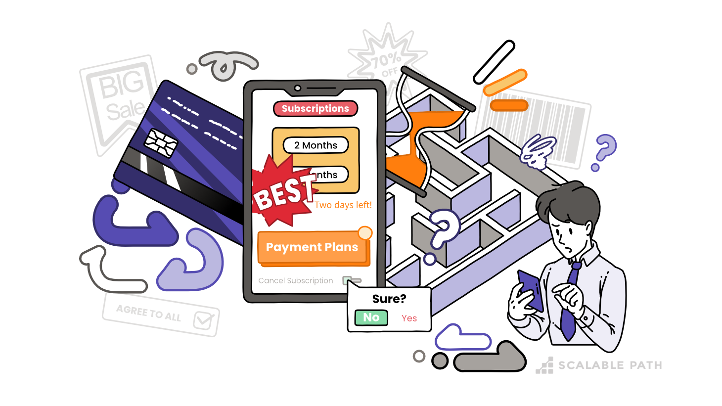 An illustration that represents the concept of dark patterns, also known as deceptive designs, which are intentional UX choices aimed at manipulating consumer behavior.