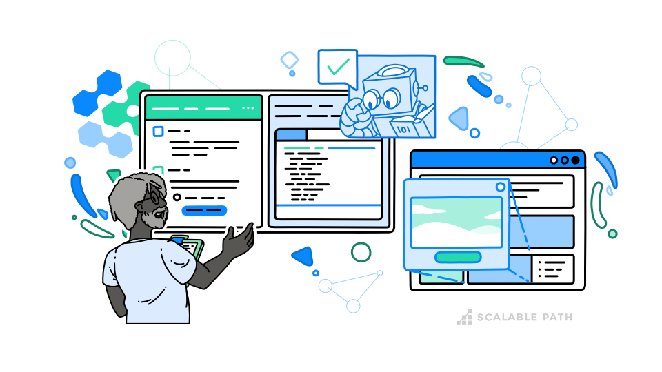 Illustration of a person reviewing the Devin AI agent with elements like a code editor, an AI robot inspecting data, and a webpage layout, symbolizing technology and collaboration.