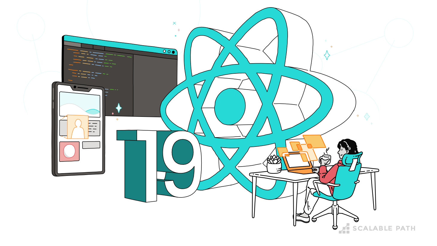 A developer working next to a React 19 logo