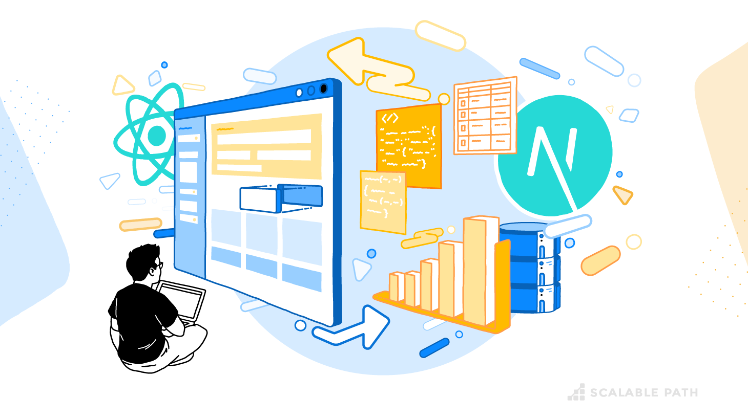 A developer working on a laptop, interacting with a large digital interface that resembles a web application, surrounding by React and Next.js logos, code snippets, database storage, analytics charts, and UI components, all symbolizing React 19's Server Components and Server Actions.