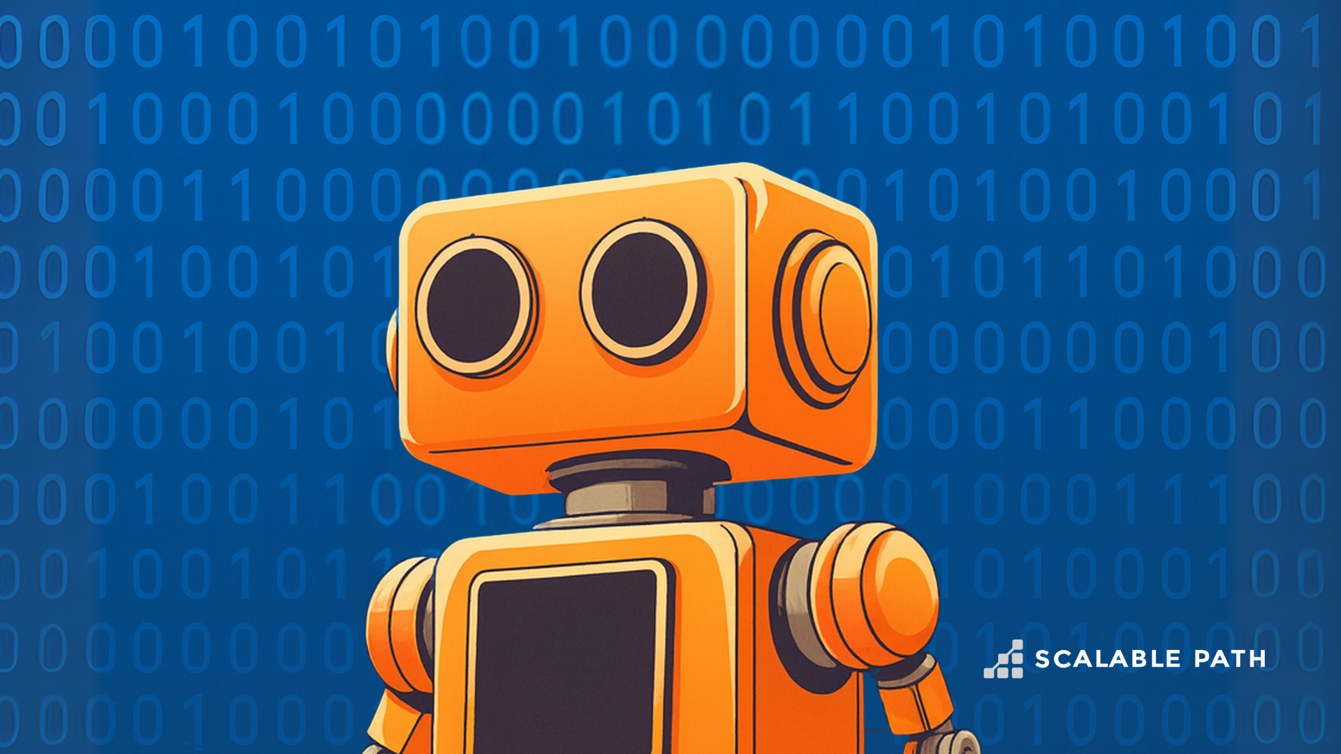 Orange cartoon robot representing an AI agent, in front of a blue background with binary code